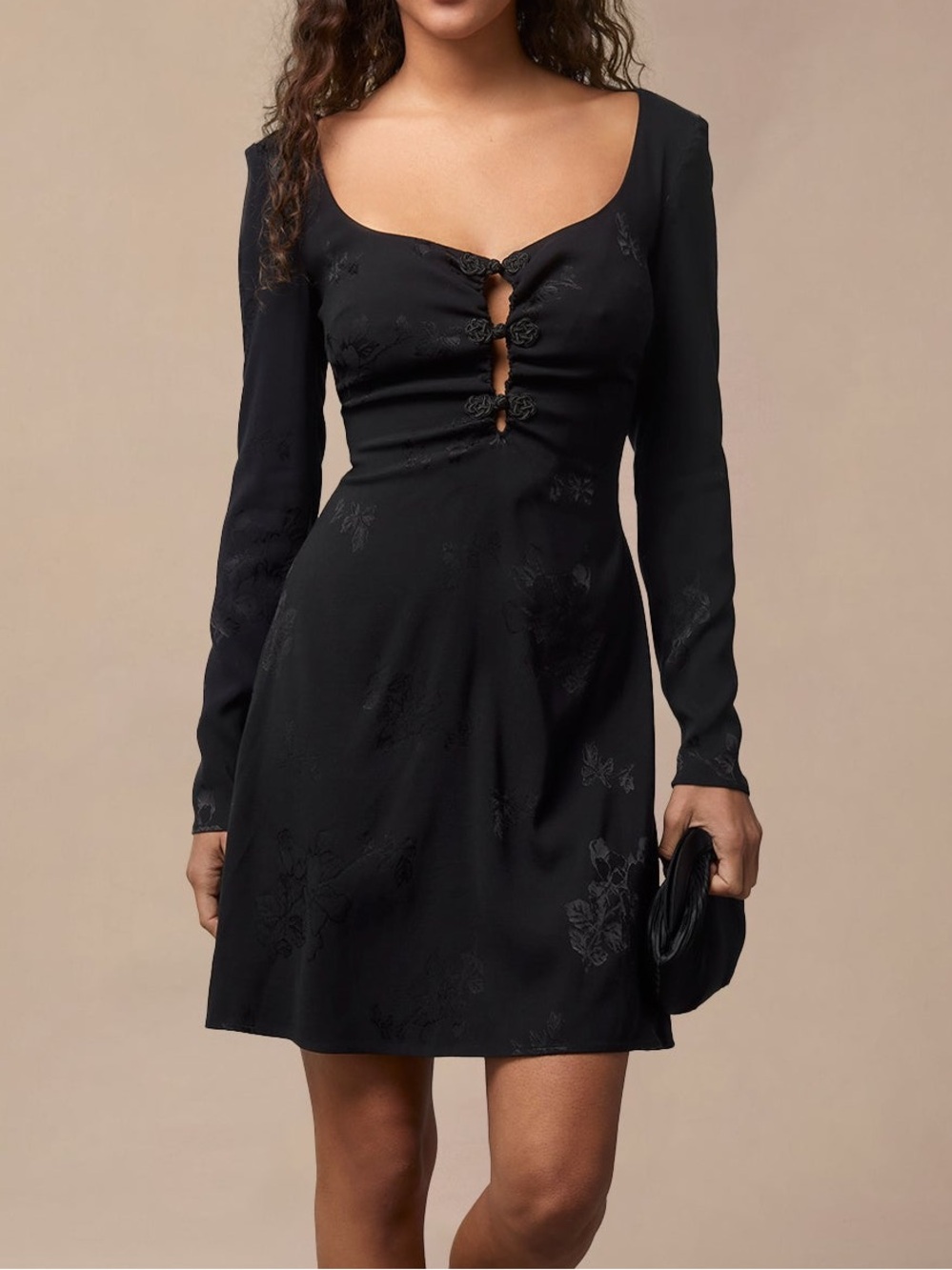 ROUJE Nancia Floral Jacquard Silk Satin Black Mini Dress Elegant Y2K Frog Knot
